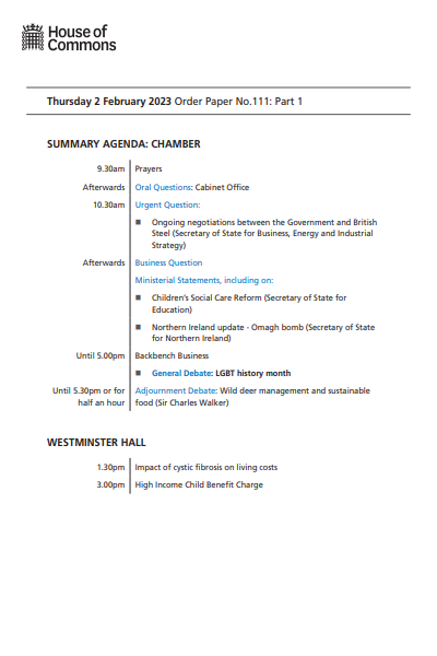 Commons Business Papers - Uk Parliament