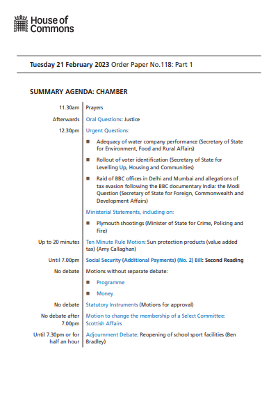 Commons business papers - UK Parliament