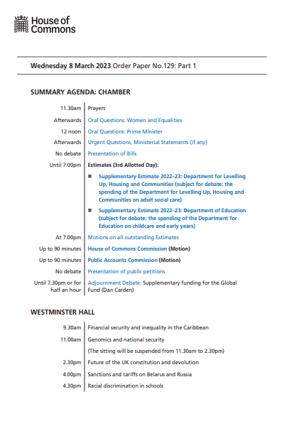 Commons business papers - UK Parliament